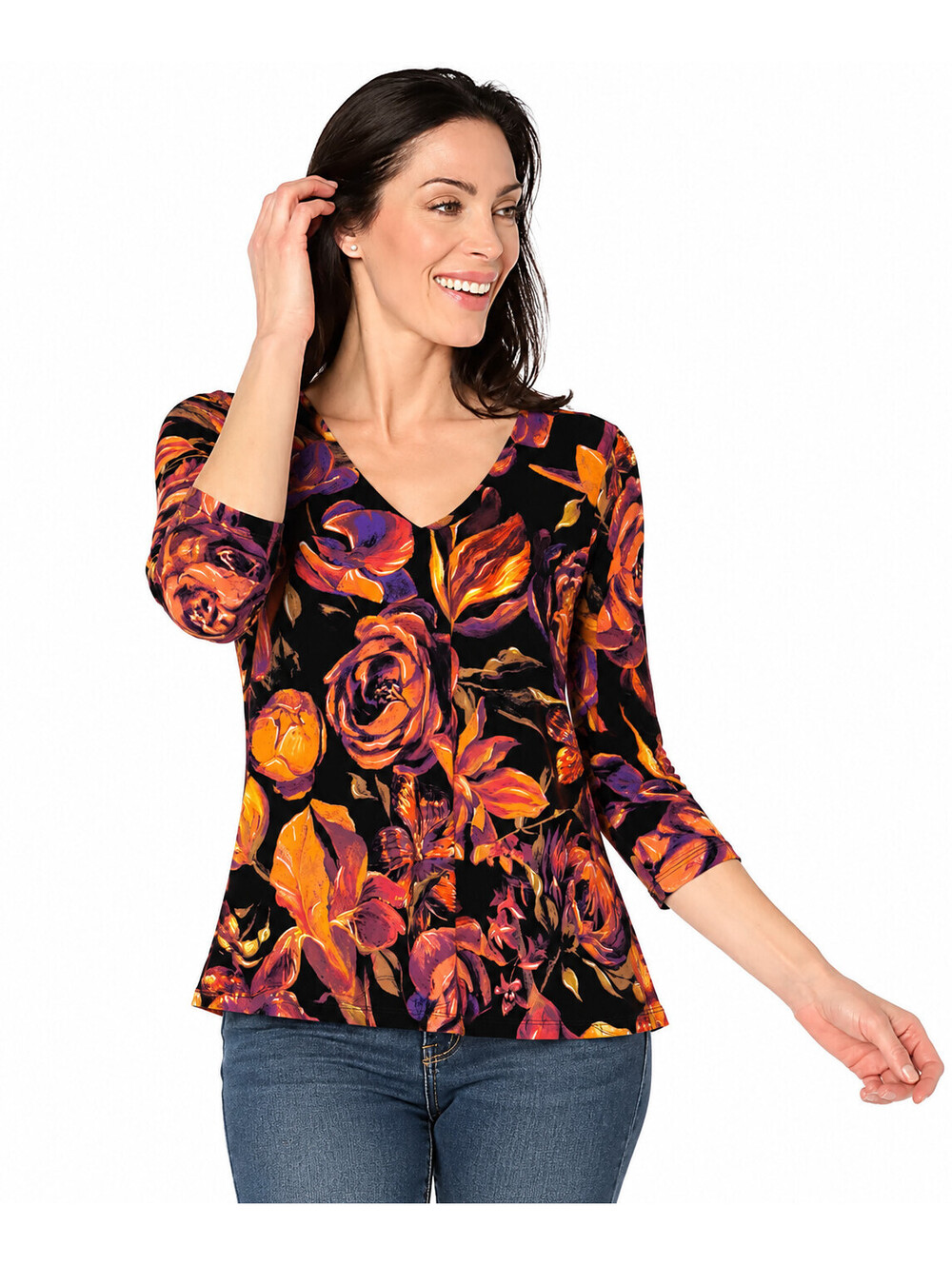 Women with Control Attitudes by Renee Como Jersey Top Black Floral, Medium